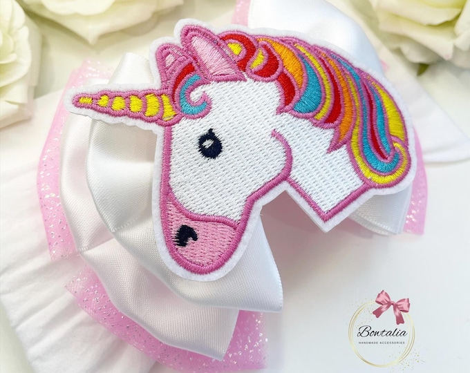 Unicorn Embroidered Baby Bow: Pink Tulle & White Satin Headband