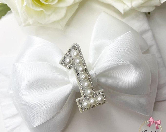 Pearl Number Birthday Bow Headband - White Baby Hair Accessory