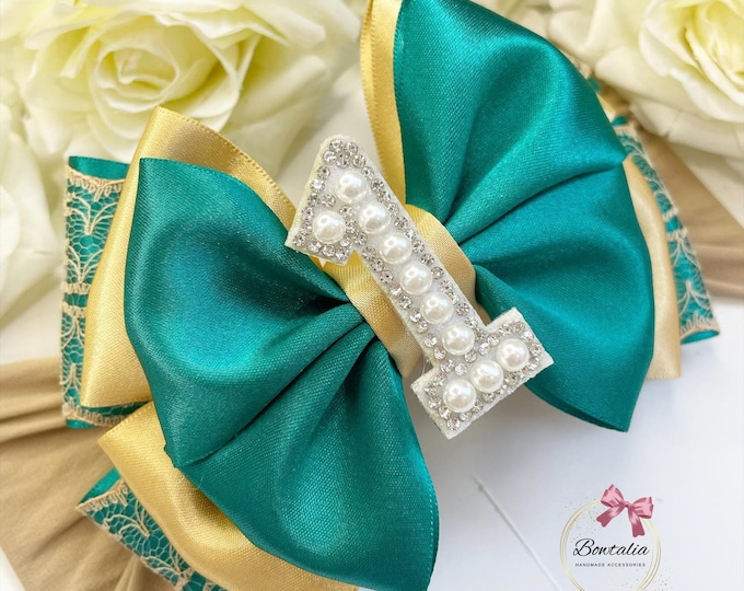 Pearl Number 1 Birthday Bow: Jade, Gold, & Lace Headband