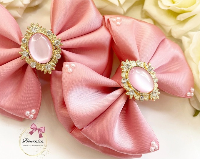 Dusty Pink Hair Bow Pigtail Clips: Pearl Embellished, Handmade