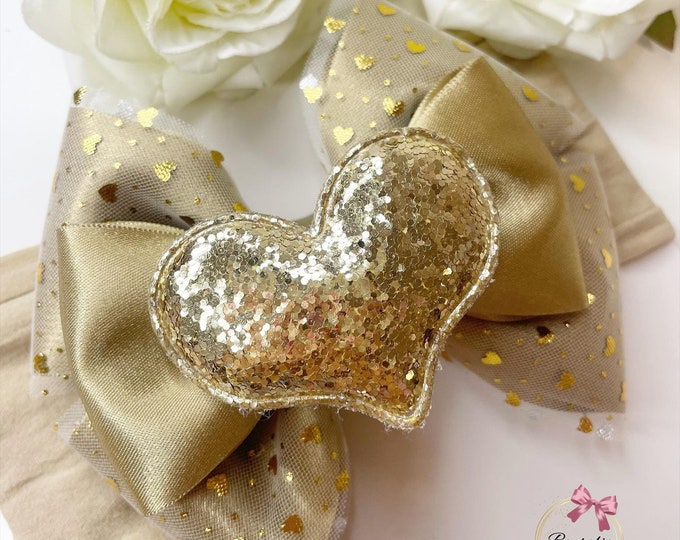 Gold Glitter Heart Bow: Valentine's Baby Headband, handmade bows