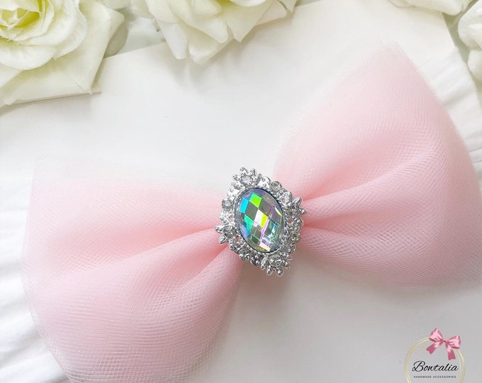 Light Pink Tulle Baby Bow: Hologram Center, Headband or Clip