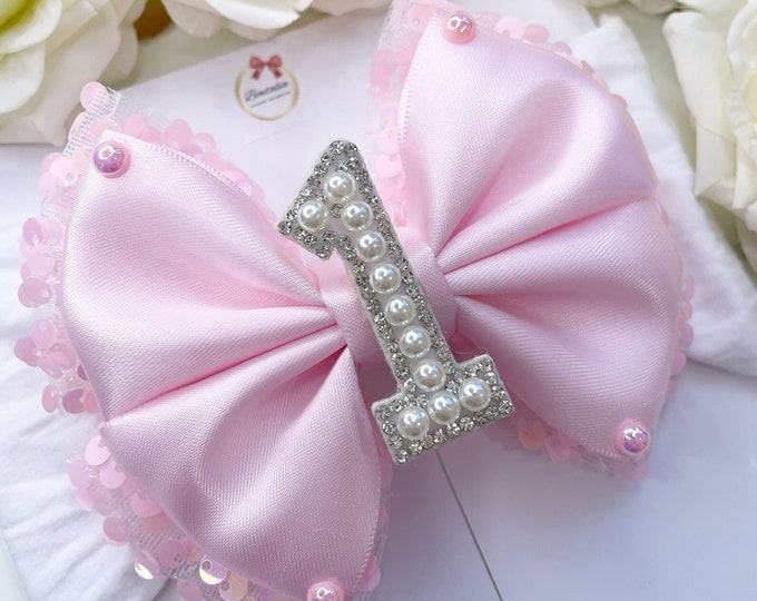 Pink Sequin Tulle Birthday Bow Headband: First Birthday