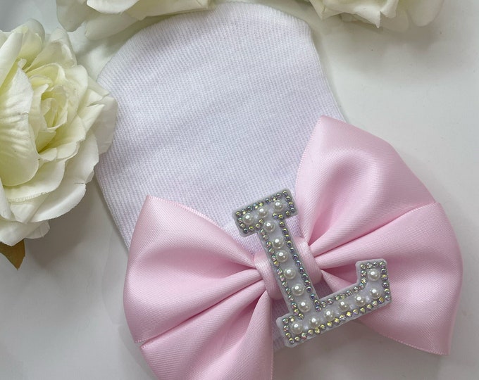Pearl Initial Newborn Hat: Baby Bow Shower Gift