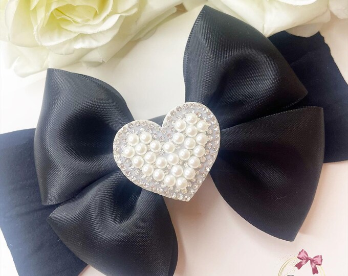 Black Bow: Pearl Heart Center, Baby Headband or Clip