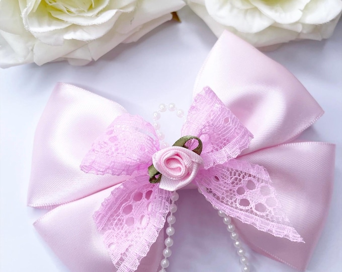 Lace & Pearl Baby Bow: Pink Rose Headband or Clip