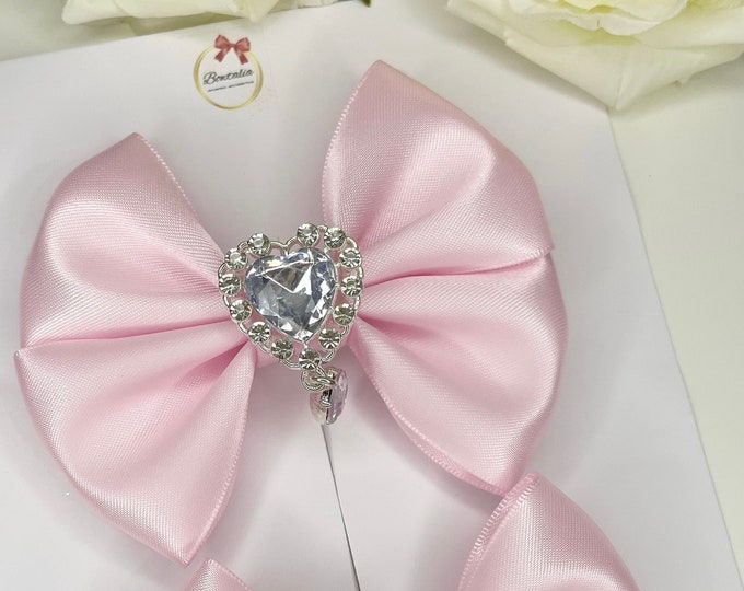 Pink Pigtail Bow Clips: Girls Hair Bows with Silver Heart