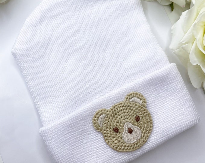 Newborn White Baby Beanie | Embroidered Bear Hat