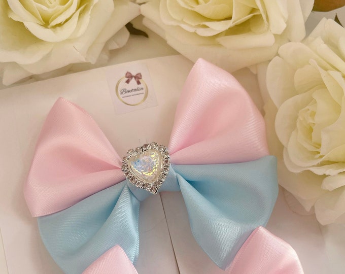 Pigtail Hair Bows: Pink & Blue Split, Silver Heart Clips (Set of 2)