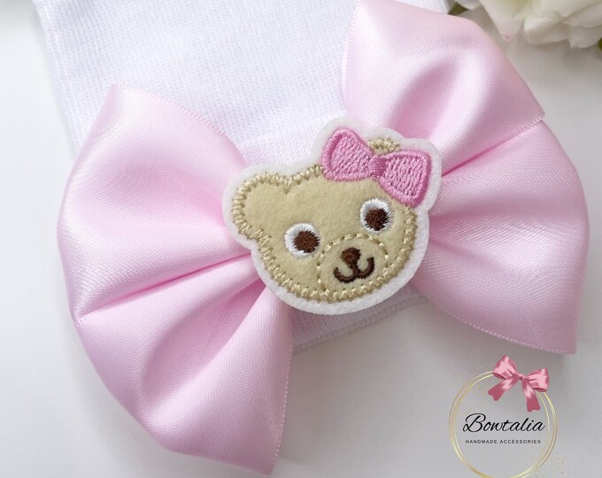Newborn Baby Bow Hat: Embroidered Bear Hospital Beanie