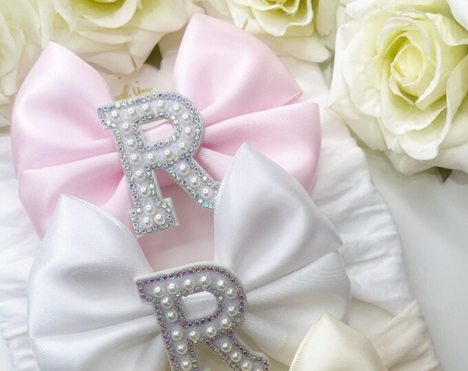Pearl Initial Baby Bow Headband Bundle: Handmade Nylon Headbands