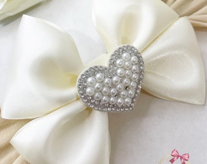 Beige Baby Bow Headband: Pearl Heart, Summer Newborn Headband