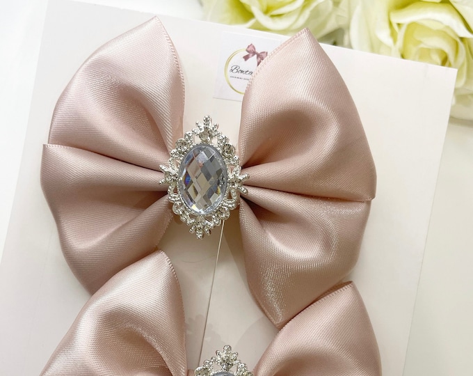 Pigtail Hair Bows: Beige Princess Bow Clips with Silver Embellishment