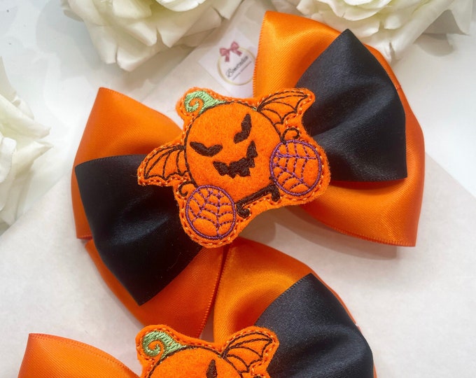 Halloween Pigtail Bows: Orange & Black Pumpkin Hair Clips (Set of 2)