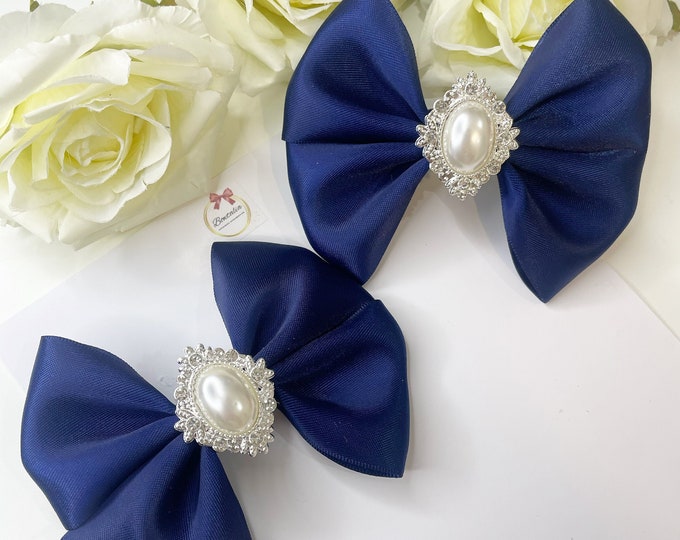 Blue Pigtail Hair Bows: Pearl Embellished Clips (Set of 2)