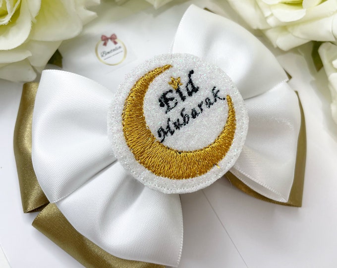 Eid Mubarak Baby Bow: Gold & White Celebration Hair Clip or Headband