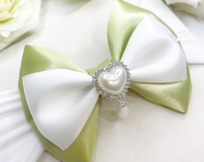 Sage Green & White Baby Bow Headband: Pearl Heart Center