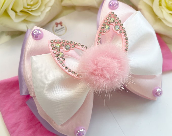 Easter Baby Bow: Layered Ribbon, Pom Pom Bunny Ears Headband