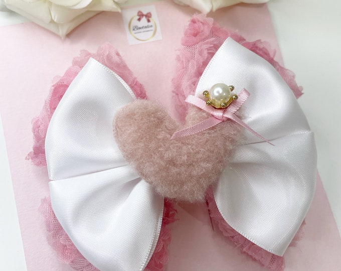 Valentines Hair Bow: Pink Tulle, White Ribbon, Heart Center (Clip or Headband)