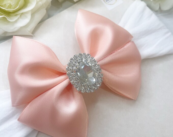 Peach Baby Bow Headband: Sparkly Silver Embellishment, Soft Nylon