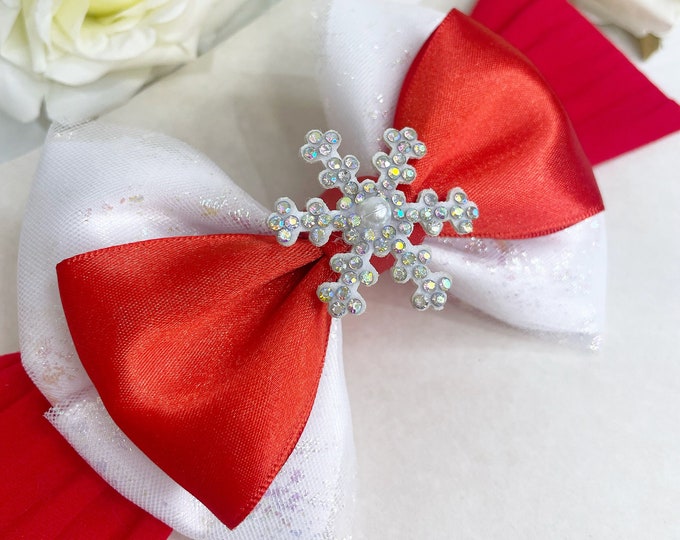 Christmas Baby Headband: Red & White Snowflake Bow