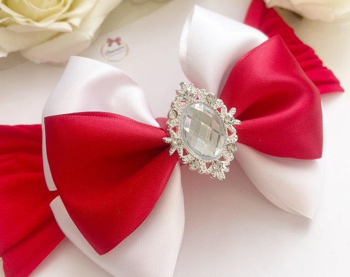 Red and White Baby Bow Headband: Silver Center, Party Hair Bow