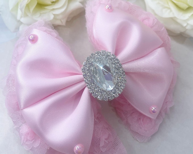 Pink Layered Baby Bow Clip: Pearl Edges, Silver Embellishment