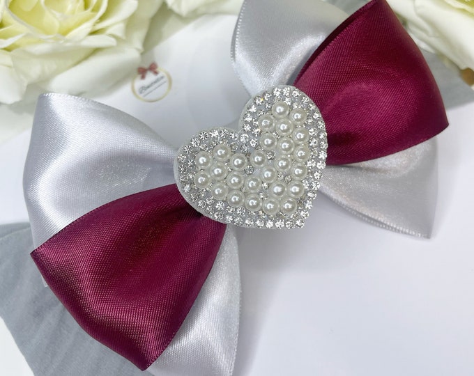 Pearl Heart Baby Headband: Burgundy & Silver Bow
