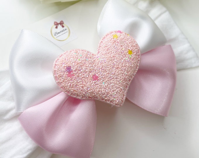 Pink & White Bow Headband: Sparkly Heart, Baby Girl, 0-3 Years