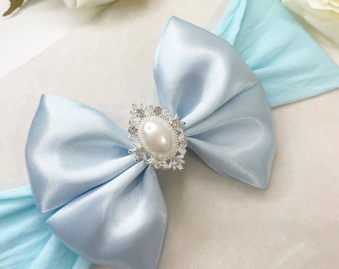 Light Blue Baby Bow: Pearl Embellished Headband or Clip