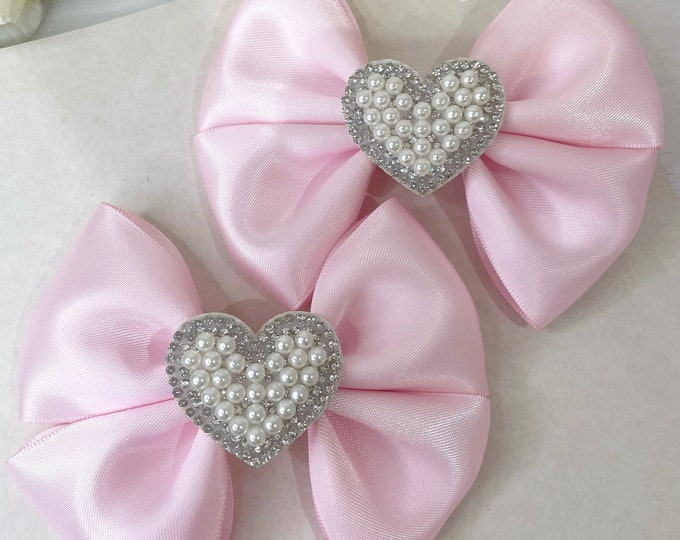 Pigtail Hair Bows: Pink Satin Bow Clips with Pearl Heart