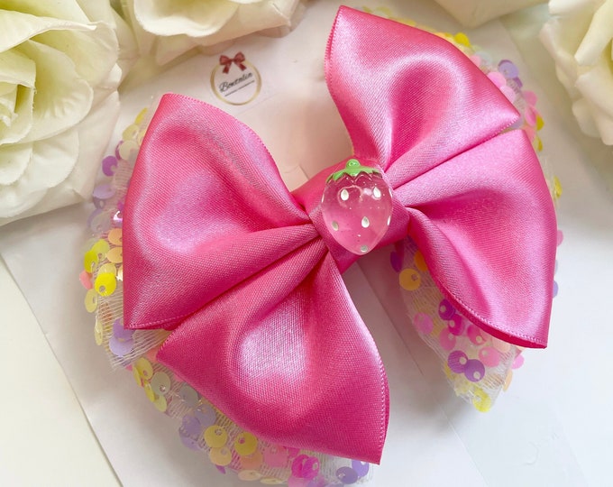 Strawberry Bow Hair Clip: Pink Ribbon, Rainbow Sequin Tulle