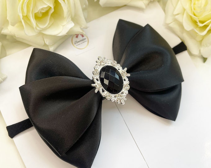 Black Satin Princess Bow: Newborn Headband with Silver Embellishment