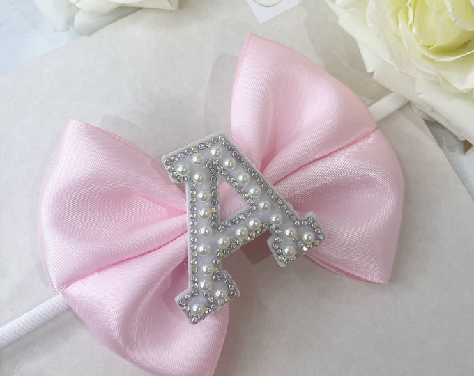 Pearl Initial Baby Bow Headband: Personalized Newborn Accessory