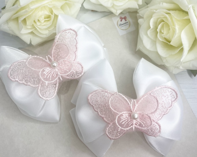 Girls Pigtail Bows: White Butterfly Hair Clips (Set of 2)