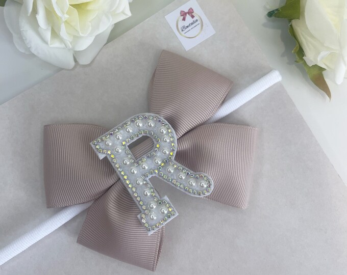 Pearl Initial Baby Headband: Personalized Newborn Bow