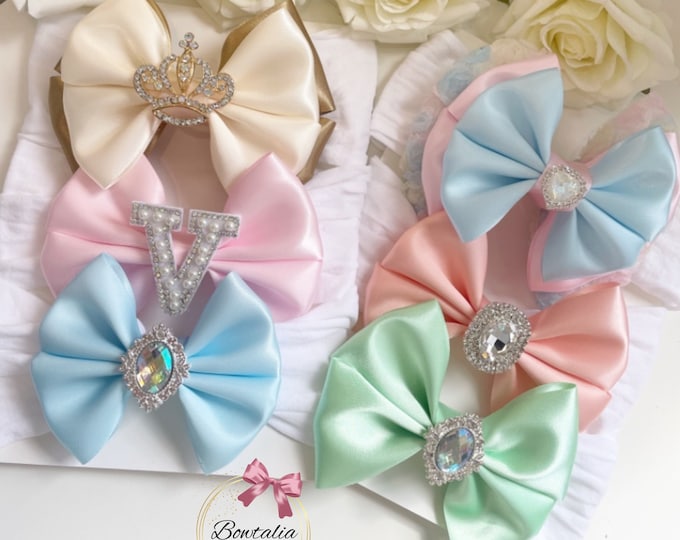 Baby Girl Bow Bundle: Handmade Nylon Headbands, Pearl Initial, Crystal Embellishments