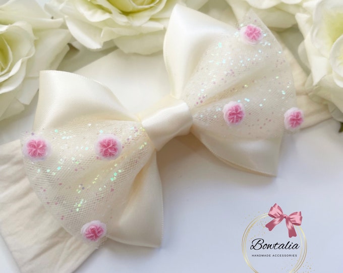 Cream Rose Baby Bow Headband: Glitter Tulle Newborn Hair Accessory