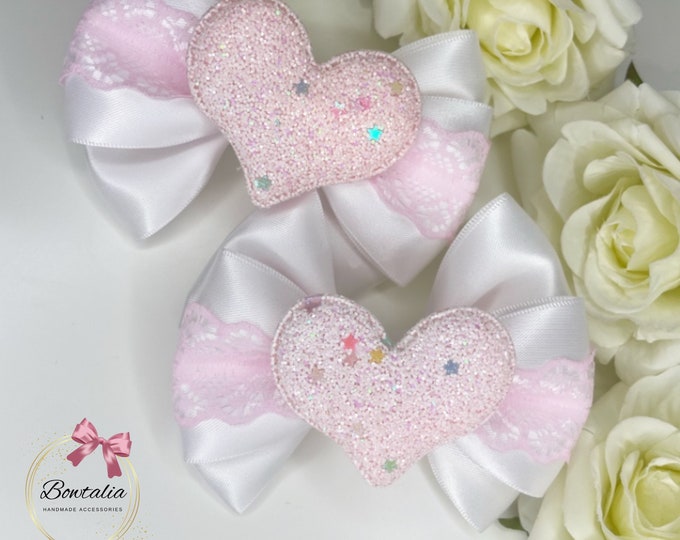 Lace Heart Pigtail Bows: White Hair Clips for Baby Girls