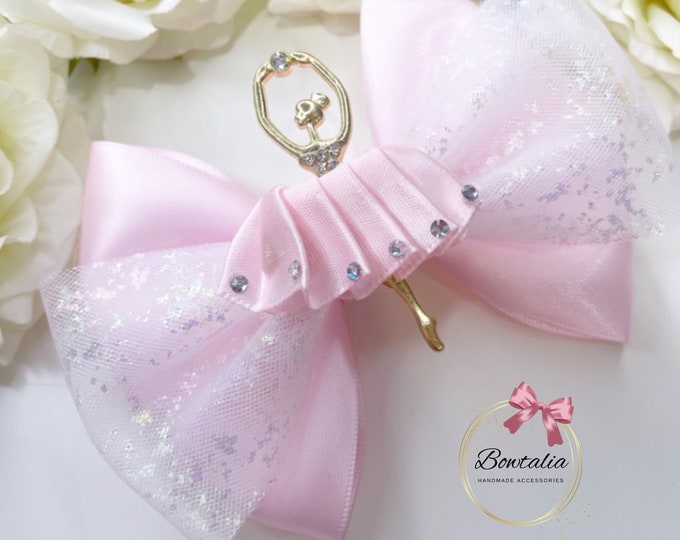 Pink Ballerina Hair Bow: Tulle & Satin Pigtail Clips