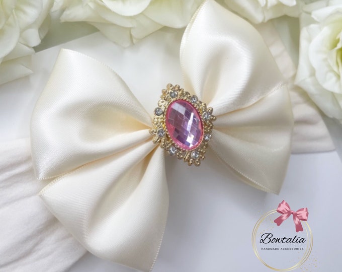 Cream Baby Bow Headband: Pink Jewel, Girls Hair Accessory