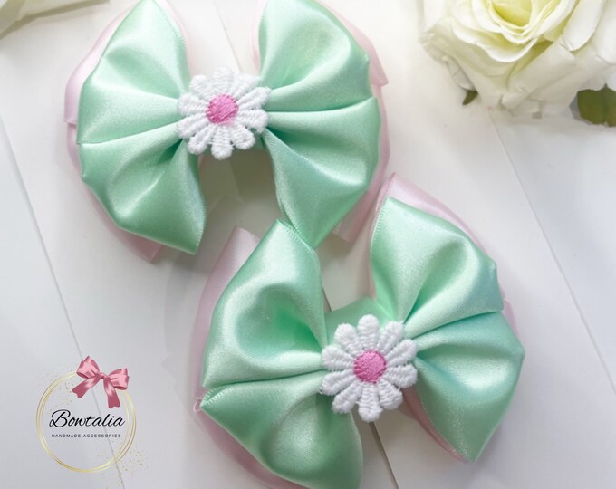 Mint Green Pigtail Hair Bows: Pink Flower Girl Hair Clips (Set of 2)