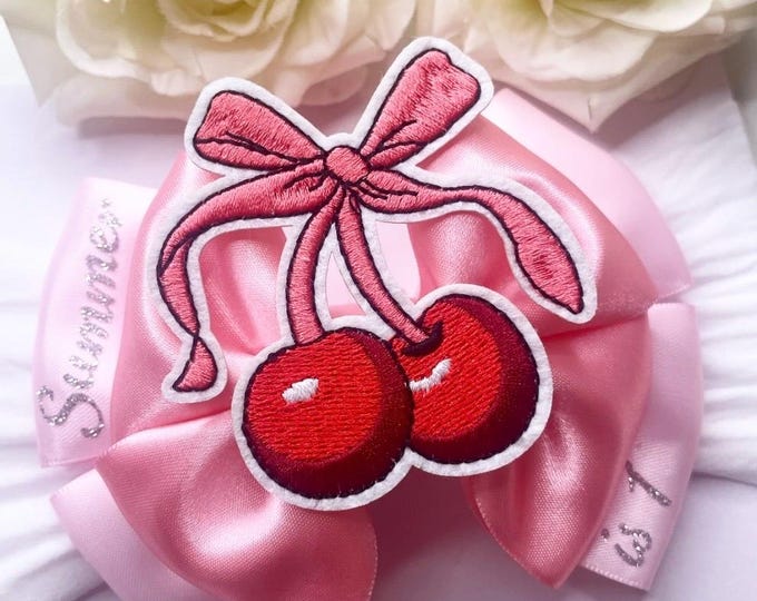 Personalized Birthday Bow: Pink Cherry Hair Clip or Headband