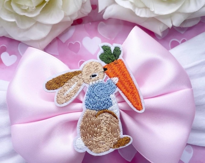 Pink Easter Bunny Bow Headband | Embroidered Carrot Detail, Baby Girls Hair Accessory