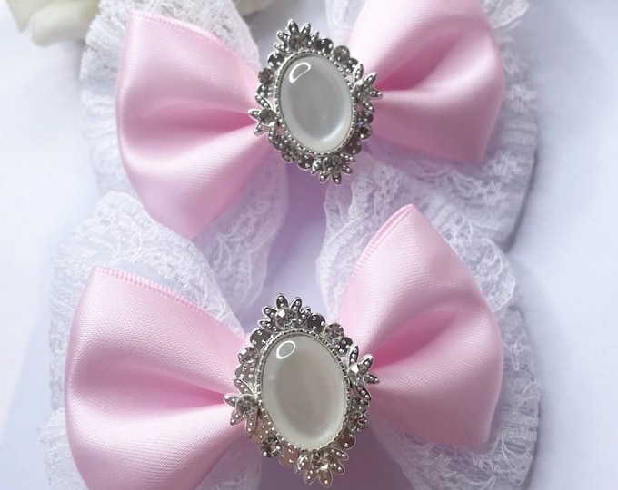 Lace Hair Bow Clips: Pink & White Piggies - Handmade Hair Accessories (Set of 2)