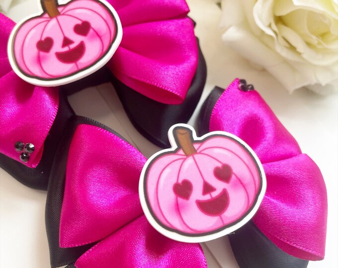 Pink Pumpkin Halloween Hair Bow: Black & Fuchsia Satin Ribbon