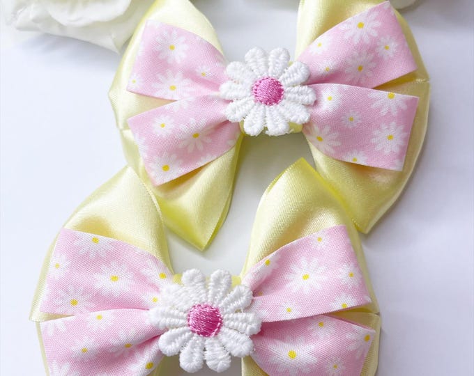 Daisy Bow Clips: Lemon & Pink Pigtail Hair Bows (4 inch)