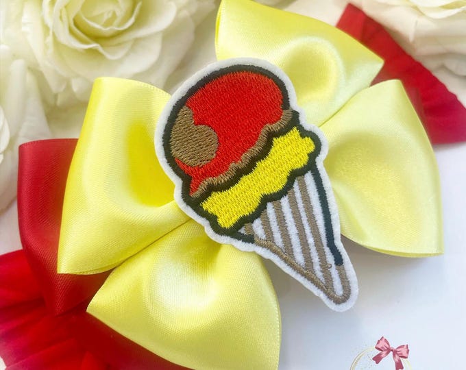 Ice Cream Bow Headband: Red & Yellow Satin, Embroidered Patch
