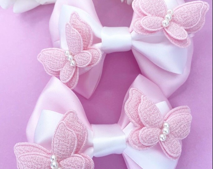 Butterfly Bow Clips: Pink & White Piggie Pair - Handmade Hair Accessories