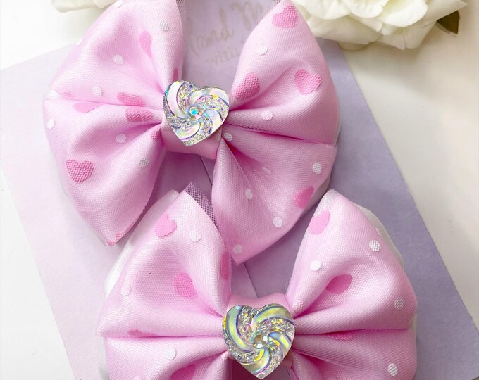 Valentines Piggie Clips: Pink Heart Hair Bows
